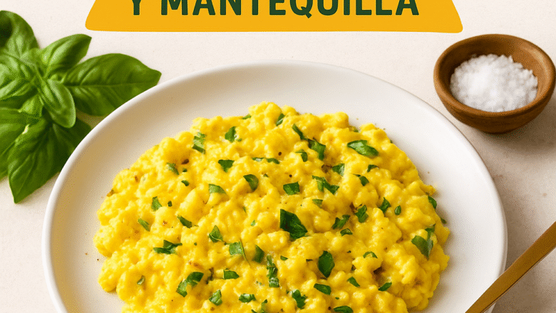 Huevos revueltos con albahaca y mantequilla