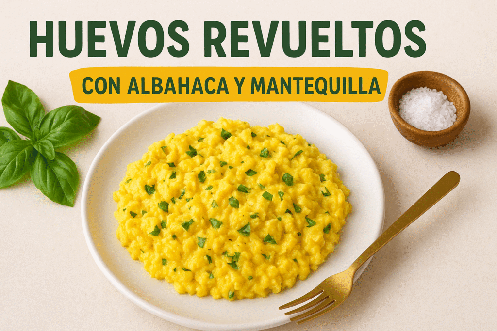 Huevos revueltos con albahaca y mantequilla