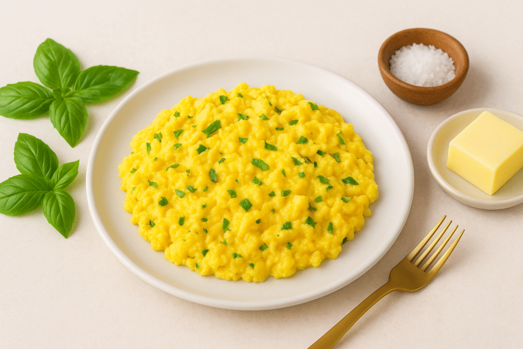 Huevos revueltos con albahaca y mantequilla