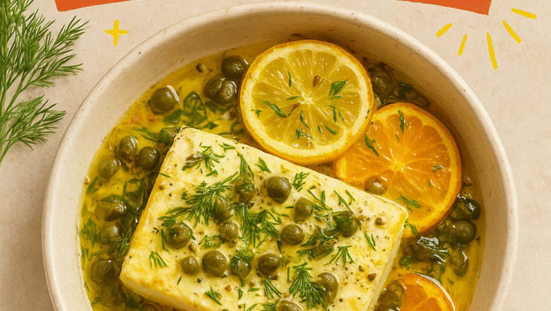 Feta al horno con eneldo, alcaparras y cítricos