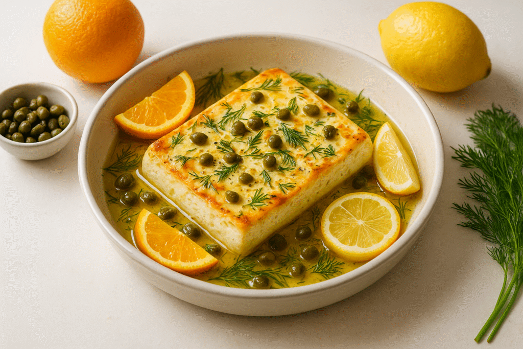 Feta con eneldo, alcaparras y cítricos