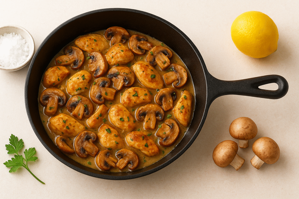 Pollo y champiñones a la sartén