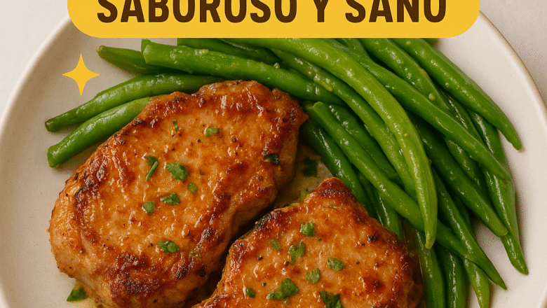 Chuletas de cerdo keto con judías verdes y mantequilla de ajo
