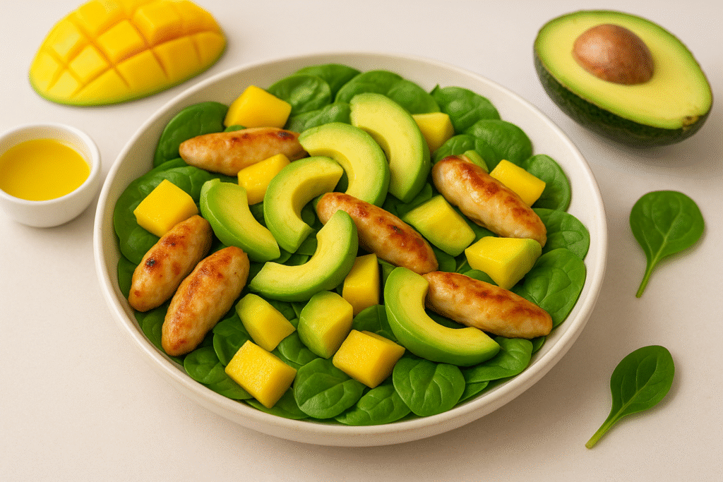 “Ensalada tibia de pollo, aguacate y mango”