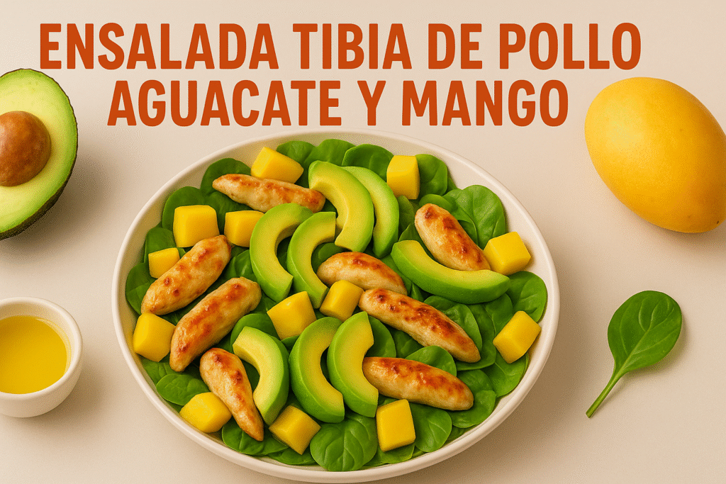 Ensalada tibia de pollo, aguacate y mango
