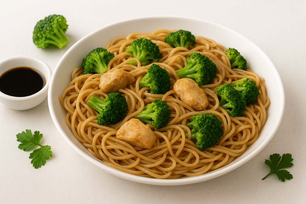 Fideos de arroz integral con pollo y brócoli