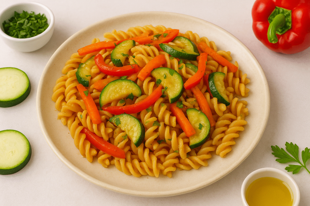 Pasta de garbanzos con verduras salteadas
